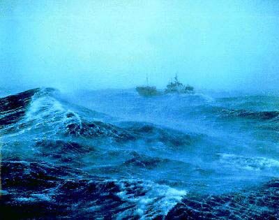 A shipping trawler in high seas