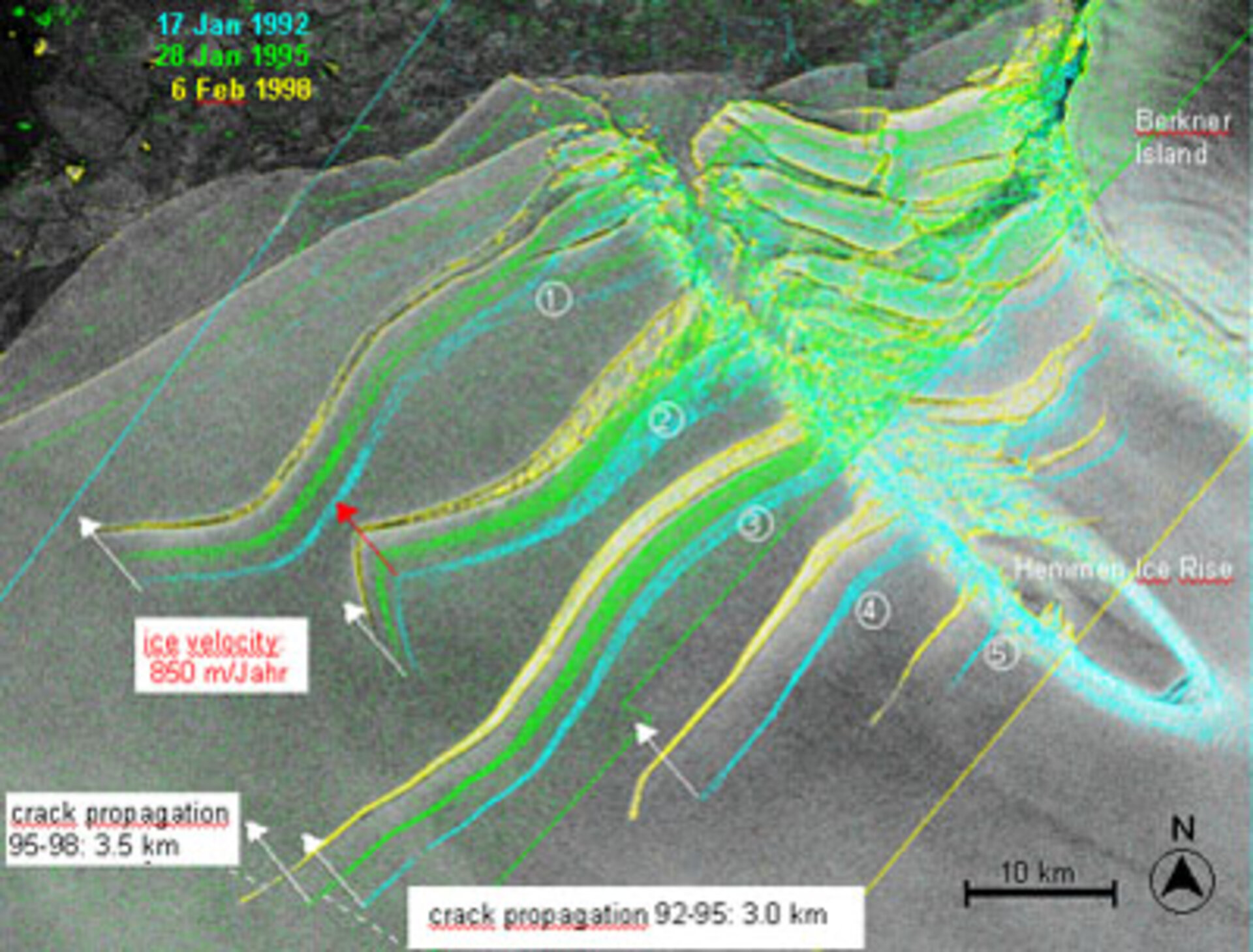 Calving of icebergs in western Antartica
