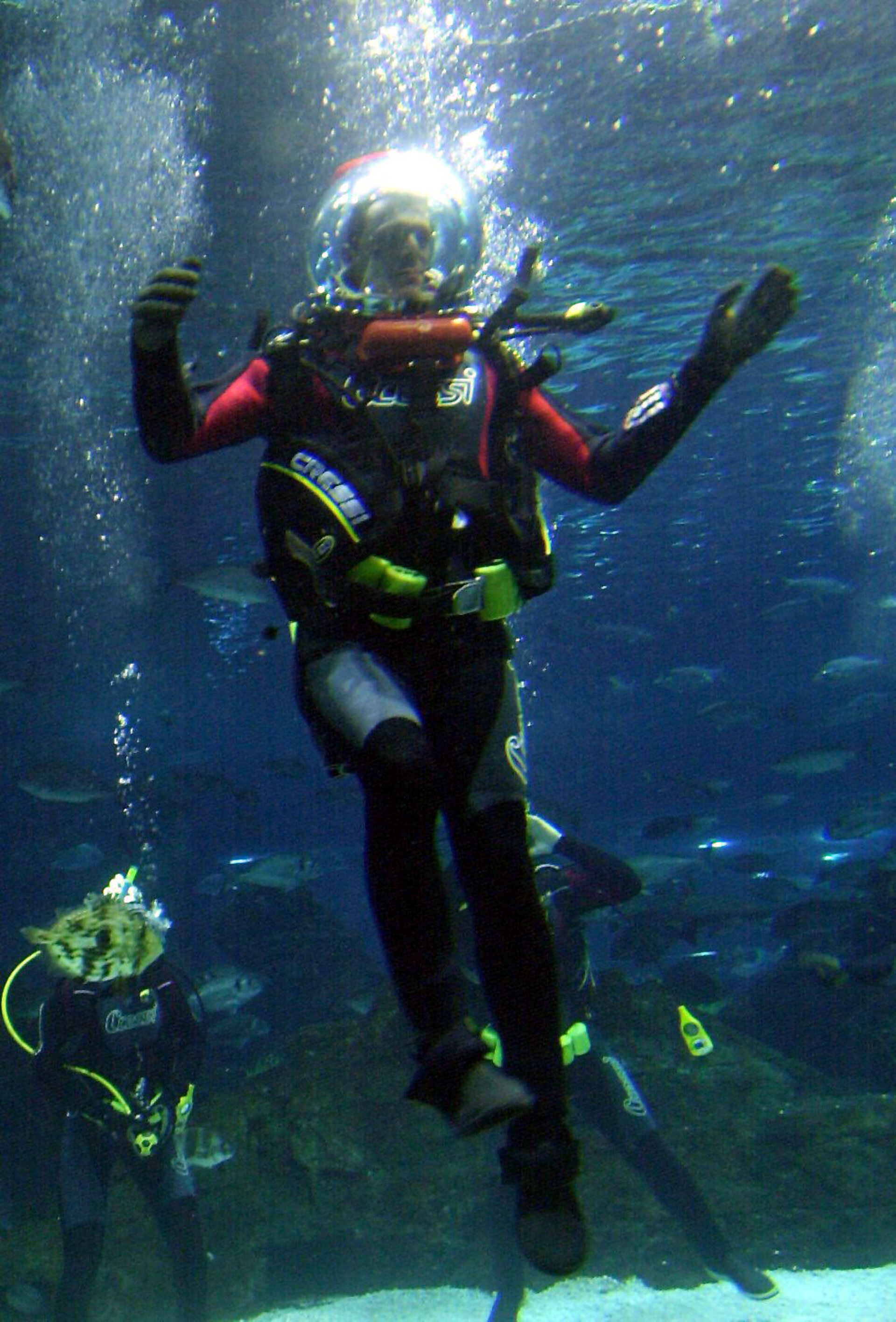 Pedro Duque dives into the Oceanario, Barcelona