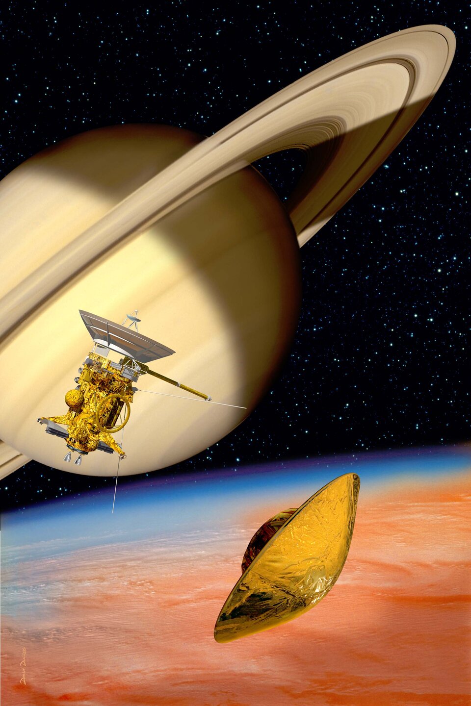 Zo zal Huygens na afscheiding van het moederschip Cassini begin 2005 op Titan landen