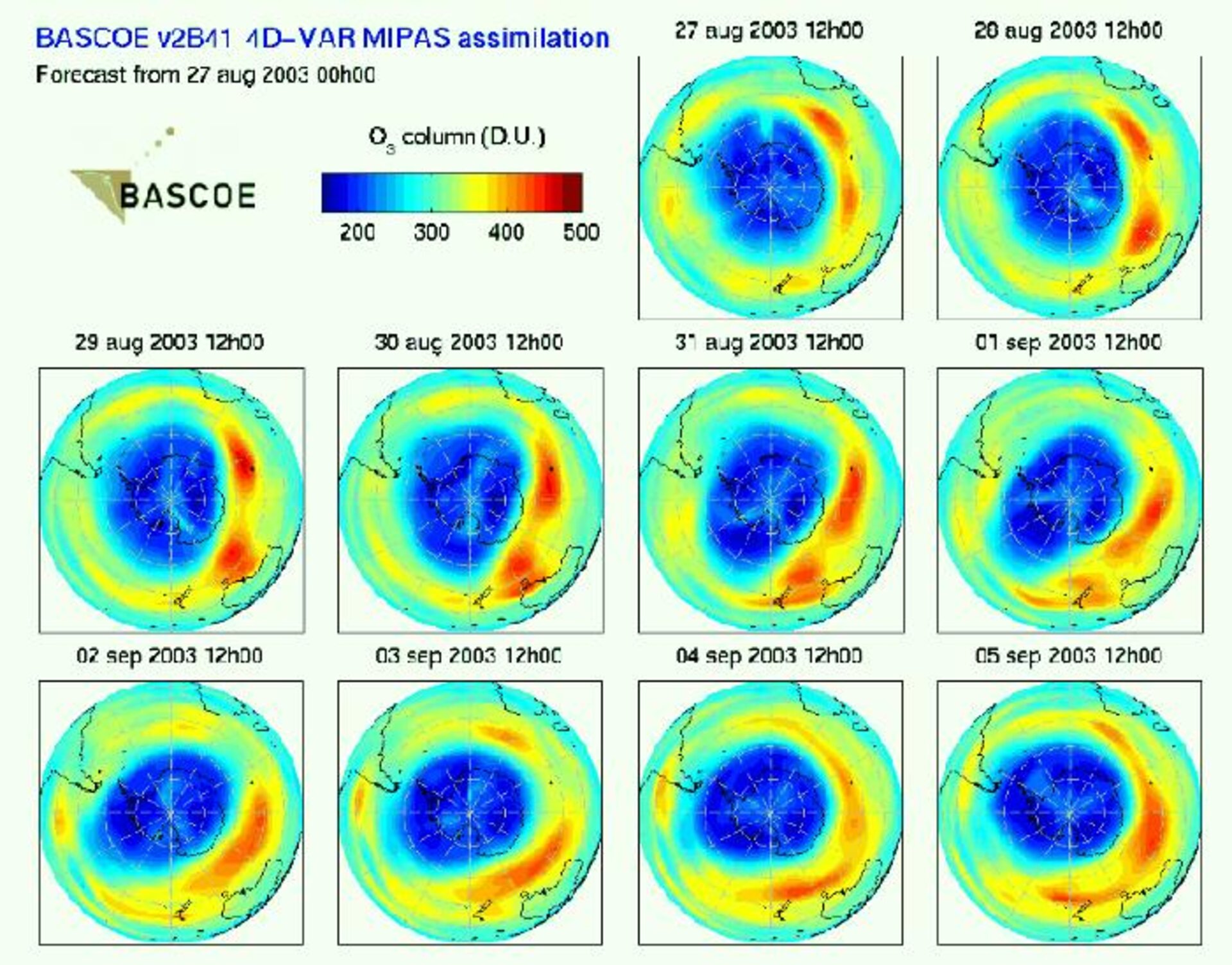 Ozone distribution forecast for 1 September 2003