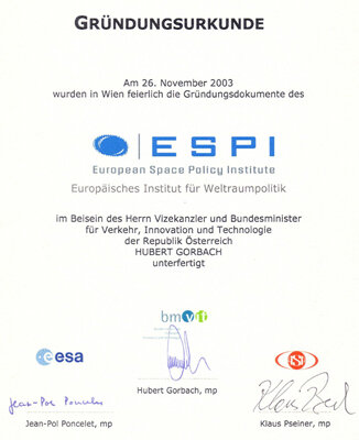 Gründungsurkunde des Europäischen Instituts für Weltraumpolitik