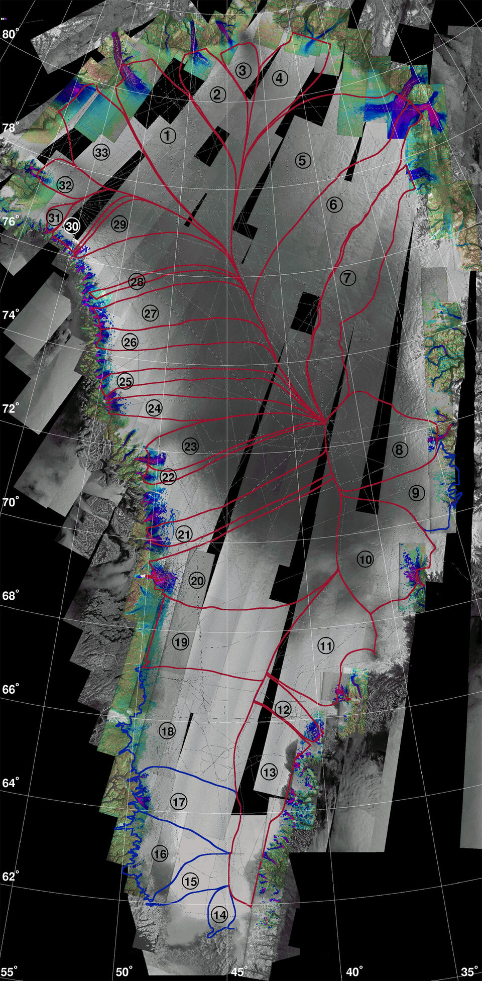 Composite image of Greenland derived from ERS1-2 Envisat and Radarsat 1 SARs