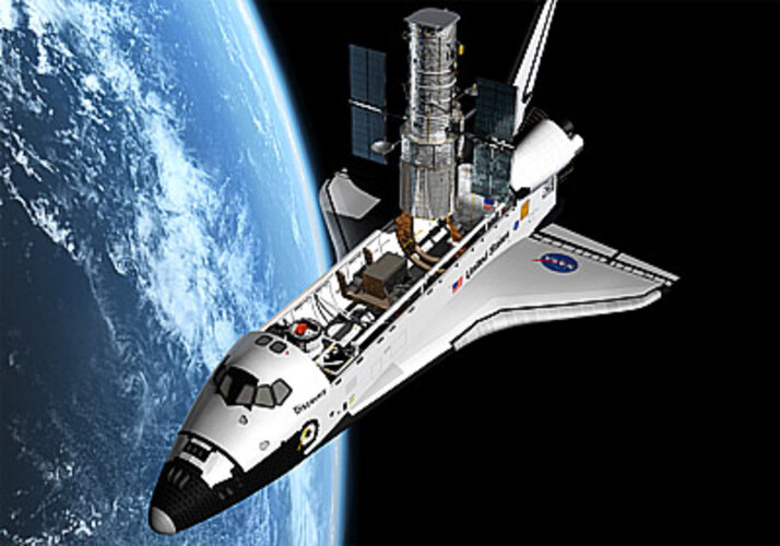 Artist's view of the Shuttle servicing mission to HST