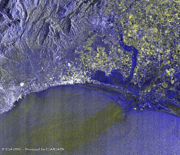 ERS-2 multitemporal SAR image acquired on 17 December 2001, shows the flooding in blue in Turkey