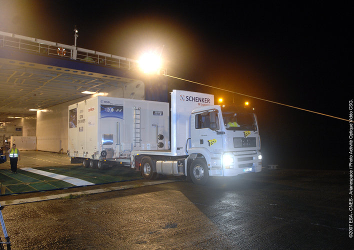 ATV containers are unloaded after arriving in Kourou on board French cargo ship MN Toucan