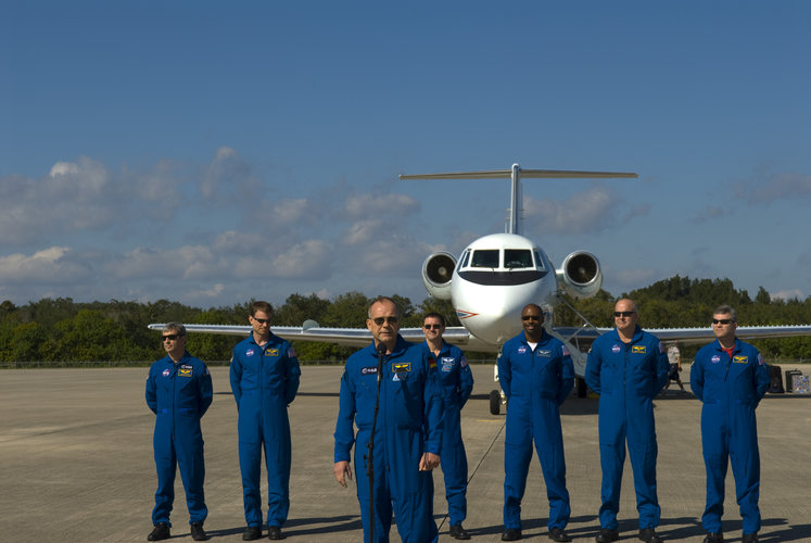 Hans Schlegel gives a brief speech after arriving at NASA's Kennedy Space Center ahead of the STS-122 mission