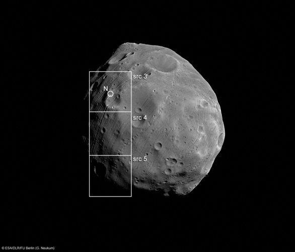 Image of Phobos with footprints of the Super Resolution Channel