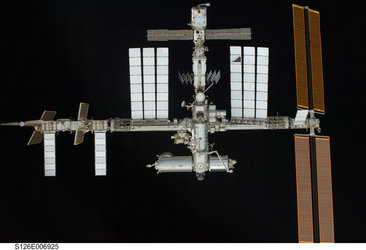 ISS viewed from Space Shuttle Endeavour before docking on 16 November 2008