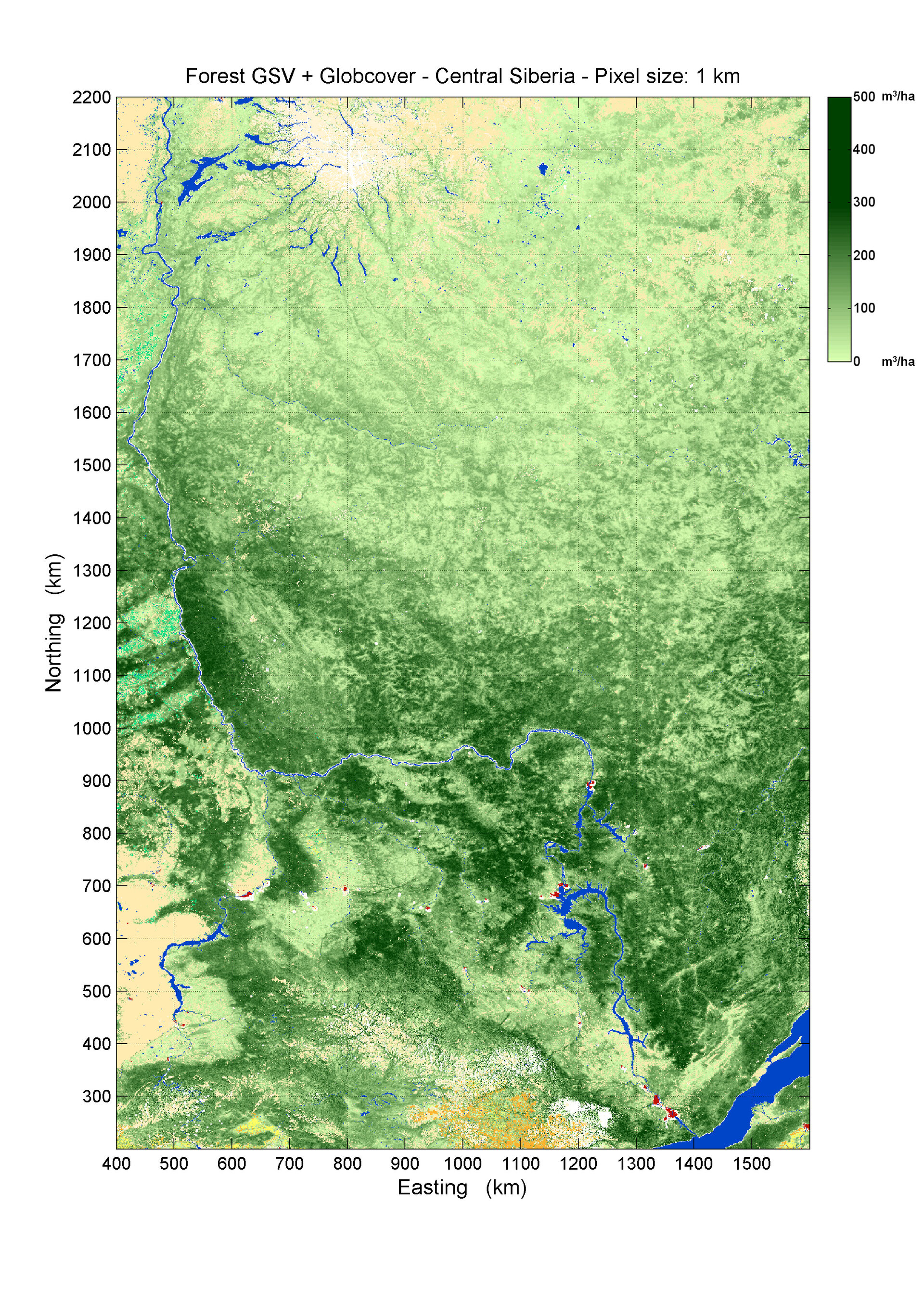 Forest growing stock volume map of Central Siberia