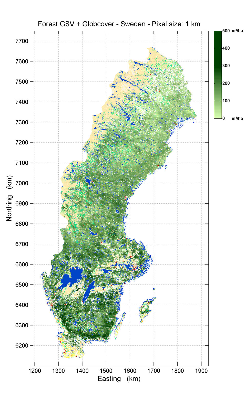 Metsän biomassan tiheys Ruotsin eteläosissa.