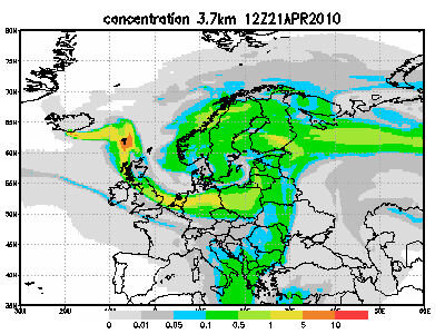 Ilmatieteen laitoksen mallinnus tuhkapilvestä 22. huhtikuuksi