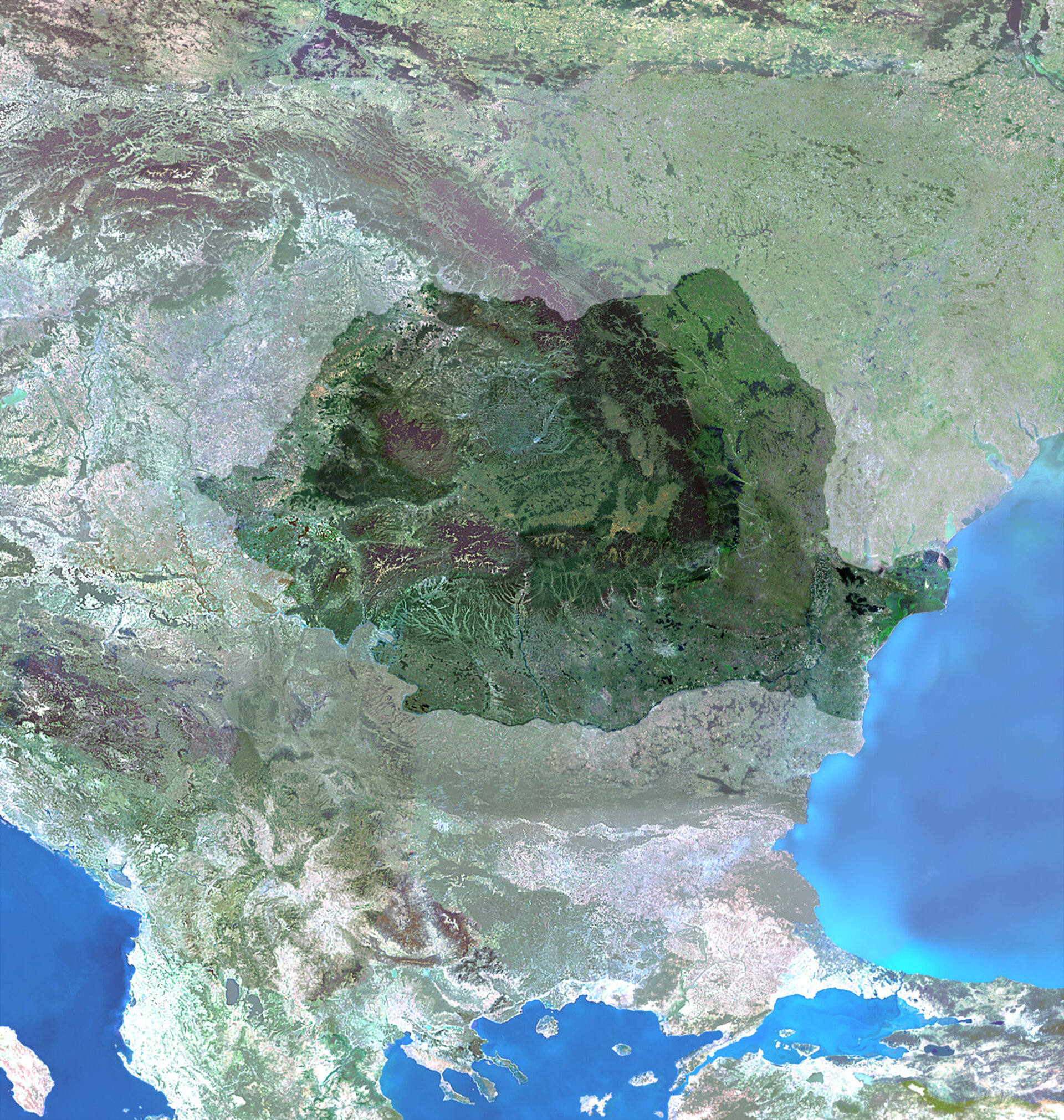 Imagine mozaic a României produsă folosind senzorul MERIS