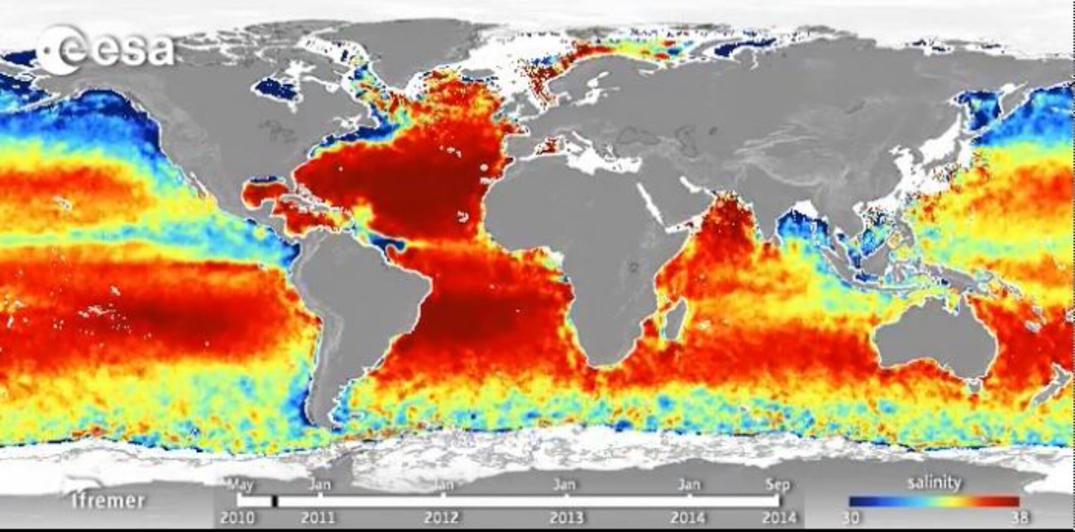 Five years of global sea-surface salinity from space
