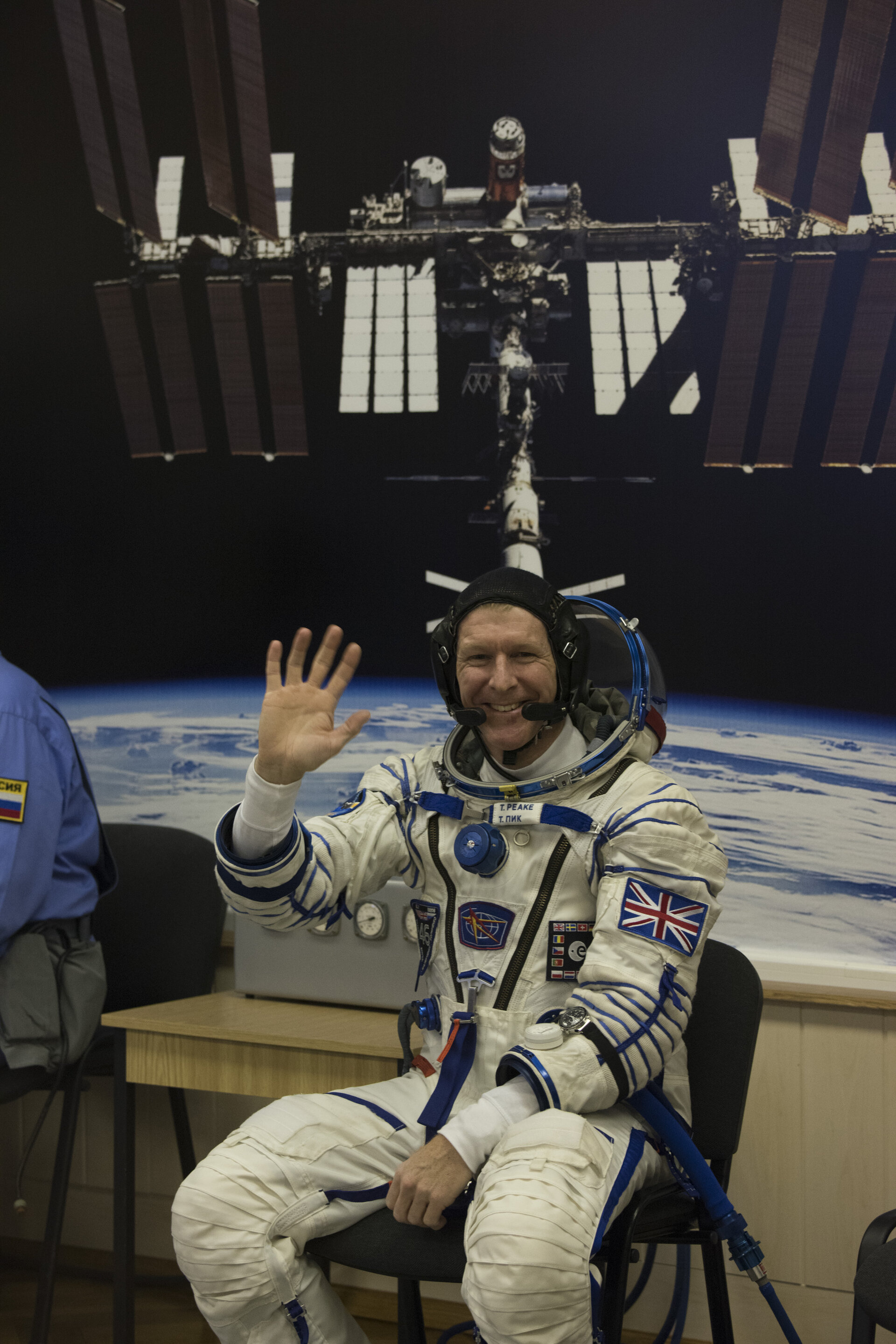 Tim Peake dressed in his Russian Sokol suit