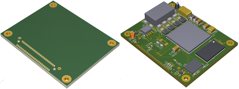 (L)Unpopulated mezzanine-board - (R)mezzanine-board implementing an IGLOO2-driven payload processor with external DDR3