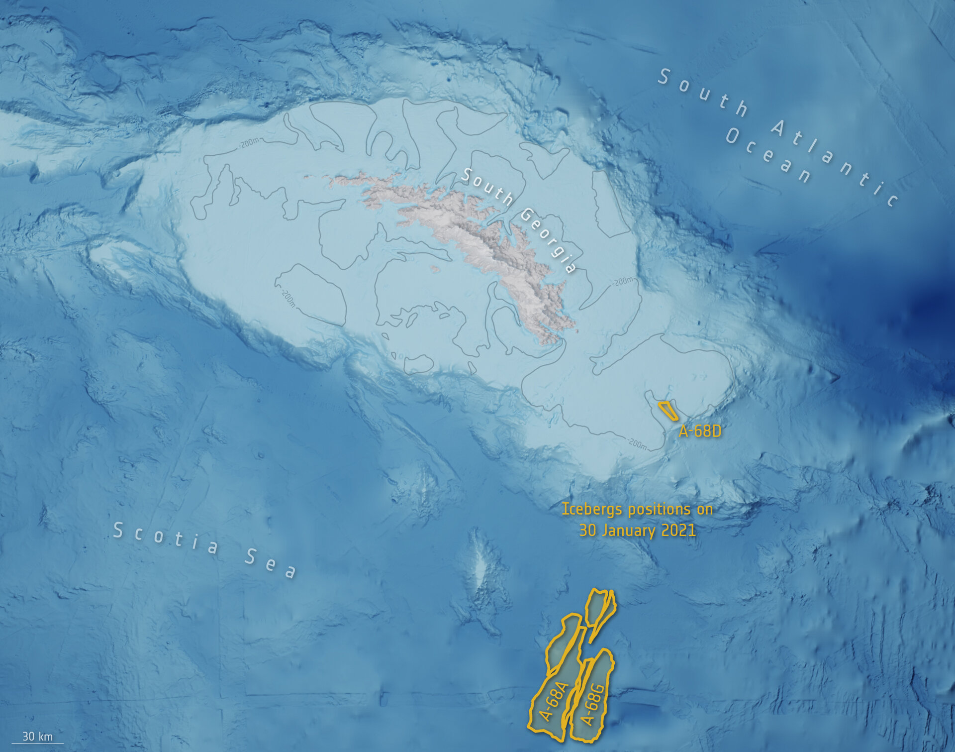 A-68 iceberg positions on 30 January
