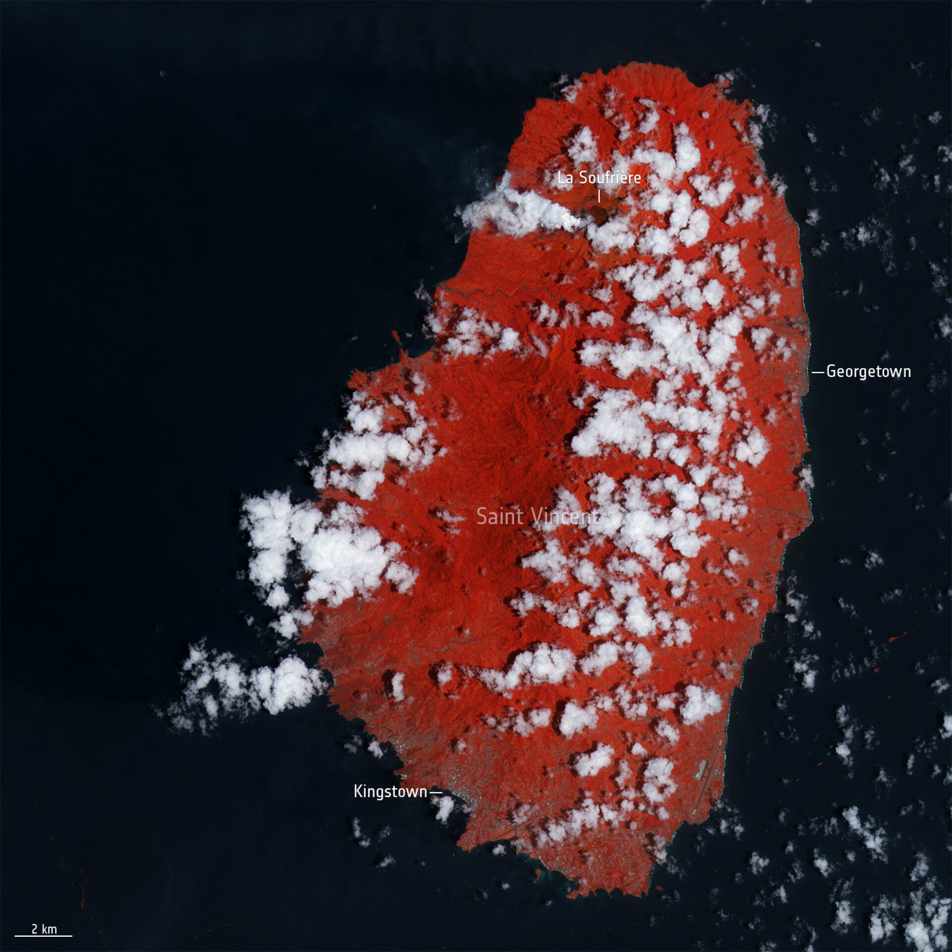 False-colour images captured by Copernicus Sentinel-2 show the aftermath of the explosive volcanic eruption that took place on 9 April 2021 on the Caribbean island of Saint Vincent.