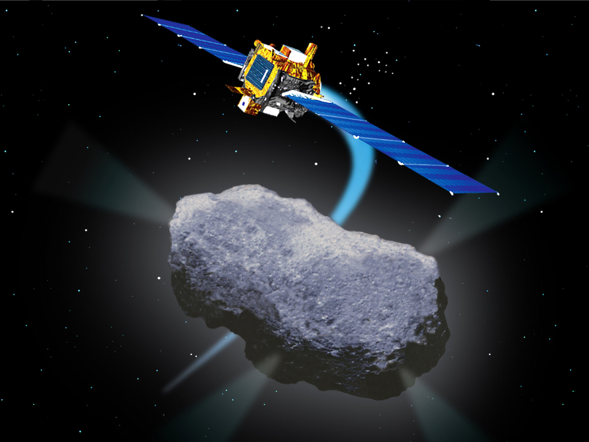 Deep Space 1 encounter with Comet Borrelly (artist rendering), landscape orientation.