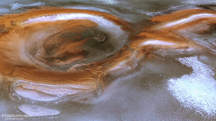 Perspective view into icy layered crater