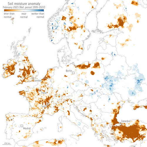 Soil moisture February 2023 compared to 1995–2022 average