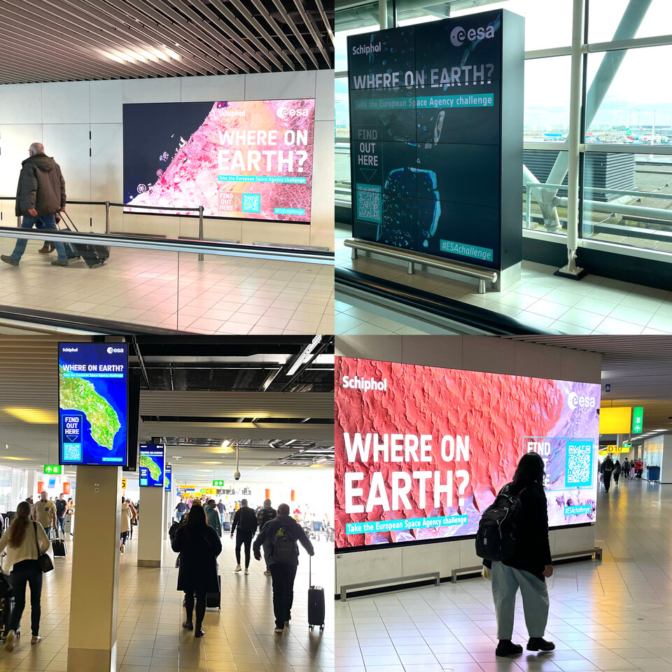 Il quiz di viaggio "Where on Earth?" dell'ESA sugli schermi dell'aeroporto Schiphol di Amsterdam.