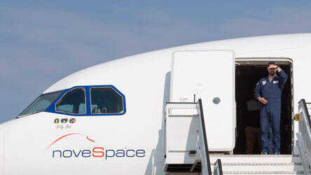 ESA astronaut Thomas Pesquet arrives at the Berlin ExpoCenter Airport aboard the AirZeroG plane, used by astronauts for weightlessness training. 