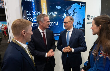 The UK’s Secretary of State for Science, Innovation and Technology Peter Kyle visits ESA's stand at the Farnborough International Airshow 2024. 