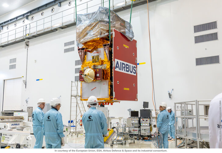 Hoisting Sentinel-2C into position for a fit check