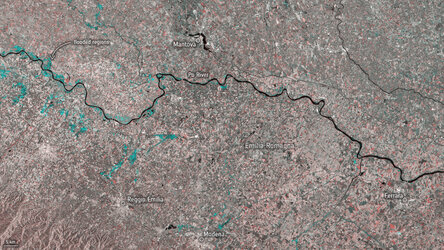 Cities in Emilia-Romagna, a region in northern Italy, have been hit by severe flooding after heavy rainfall over the weekend. Flooded areas are visible in this multi-temporal image captured by the Copernicus Sentinel-1 mission. The comparison uses an image from 8 October (before the floods) and one from 20 October (after the floods). The blue areas highlight the areas impacted by flooding.