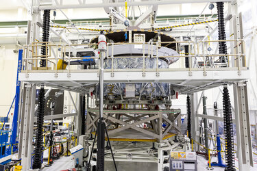 ESA's third European Service Module is connected to the Crew Module Adapter at NASA's Kennedy Space Center