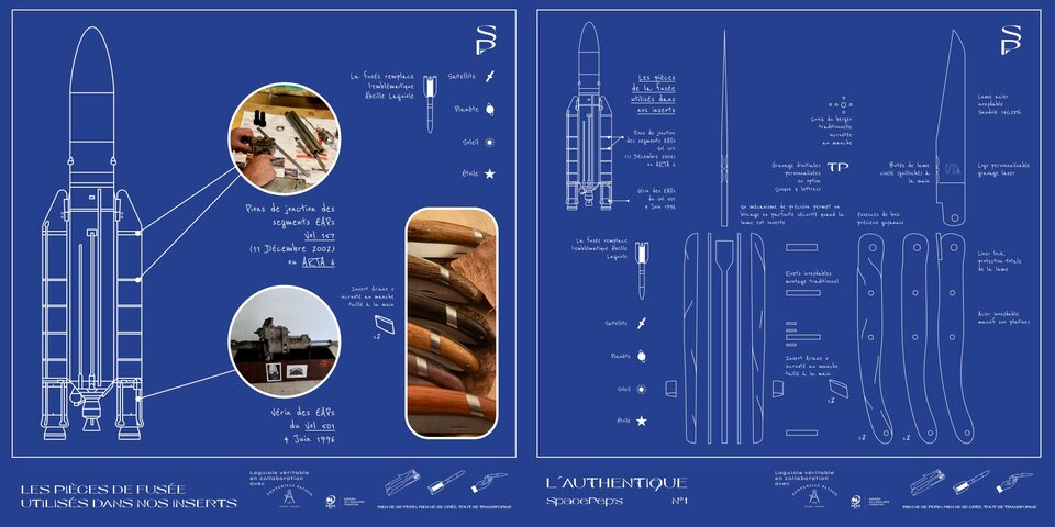 Blueprints illustrating parts of the rockets used for the steel insert within the knive’s wooden handles