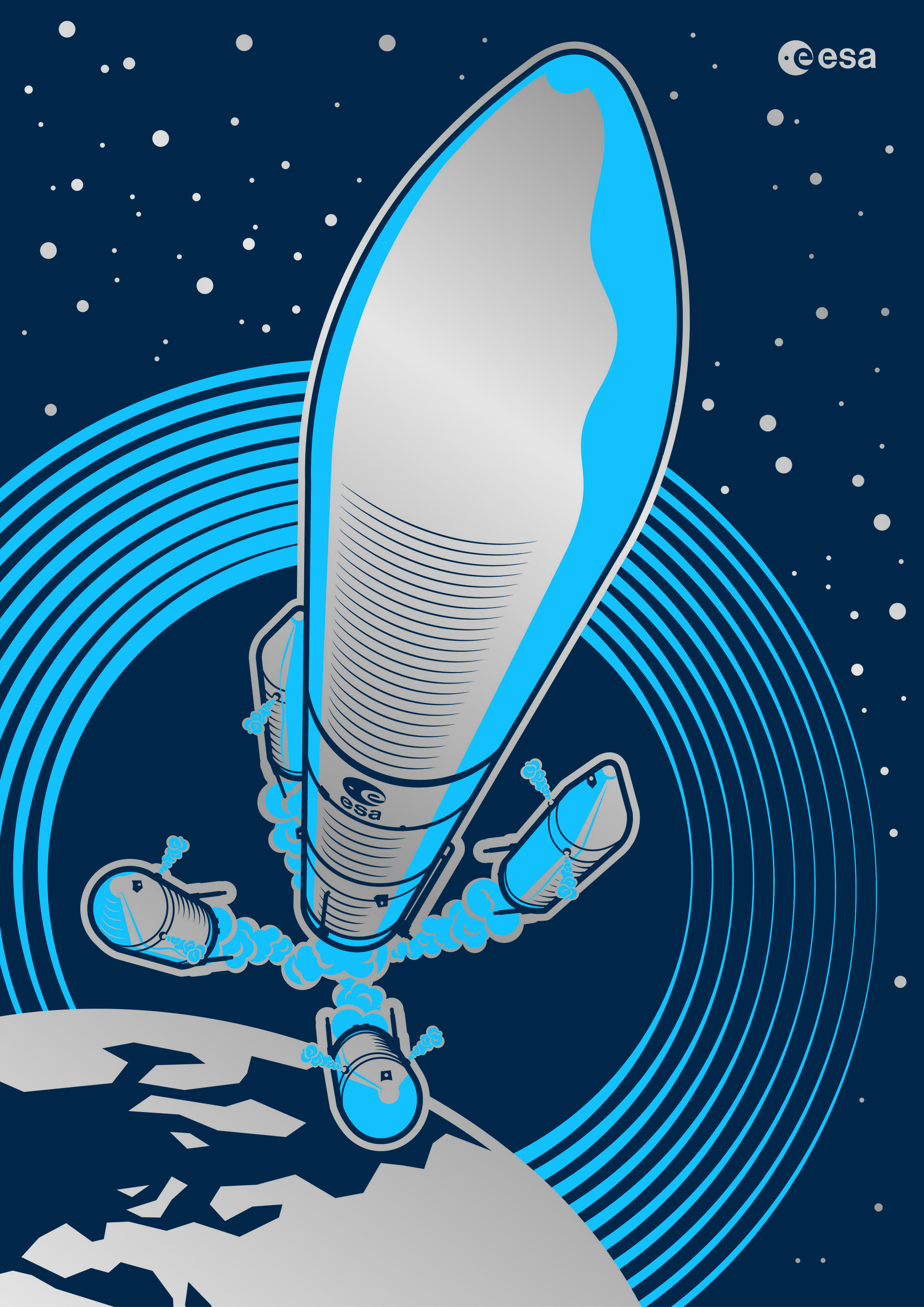 Silver Journeys – Ariane 6 woodcut poster