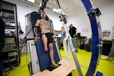 John McFall undergoes a tilt-table investigation to determine the potential effects of body fluid shifts on amputated limb size.