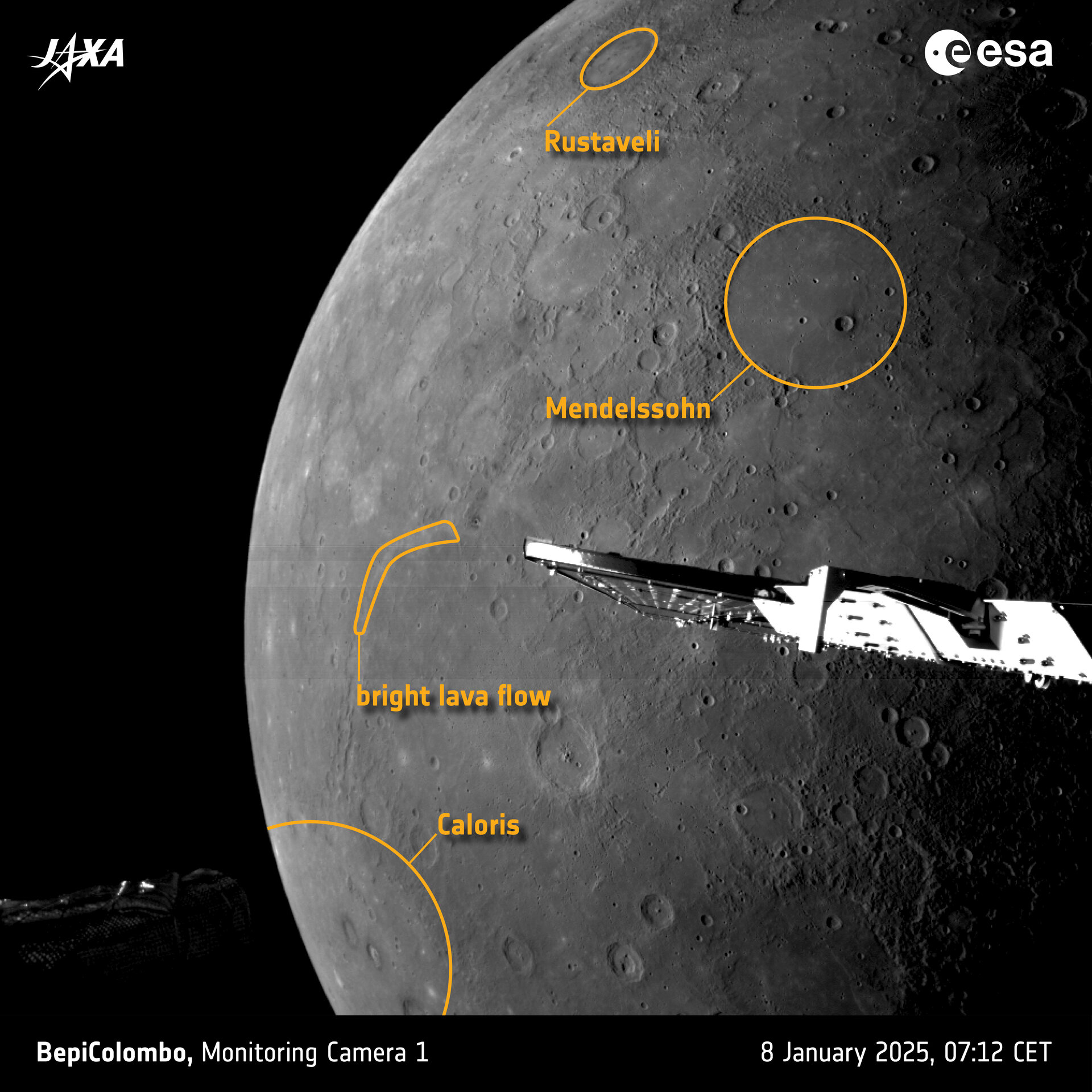 Mercury's sunlit north viewed by M-CAM 1 (with labels)