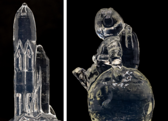 3D-printed hydrogel space shuttle and astronaut on the Moon