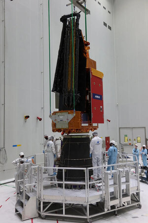 Biomass being lifted onto the Vega-C launch adapter