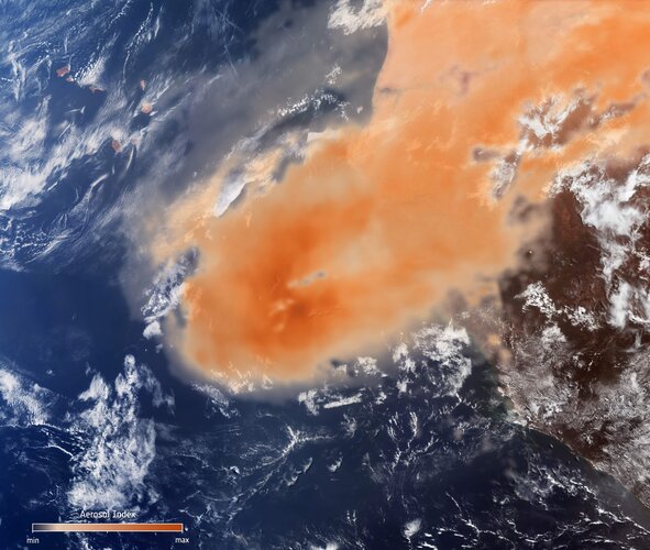 A thick plume of sand and dust from the Sahara Desert is seen in these satellite images blowing from the west coast of Africa across the Atlantic Ocean.