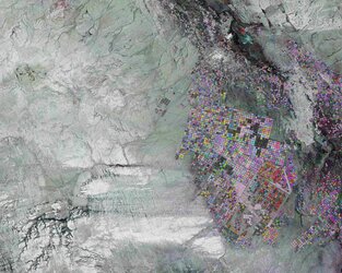 This image from Copernicus Sentinel-1 shows circular agricultural structures near Tabarjal, in the barren desert of northern Saudi Arabia. 