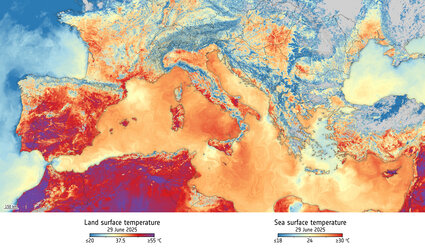 A powerful heatwave has been gripping large parts of southern Europe. This image, captured by the Copernicus Sentinel-3 mission’s Sea and Land Surface Temperature Radiometer on 29 June 2025, reveals the temperature of the land surface.