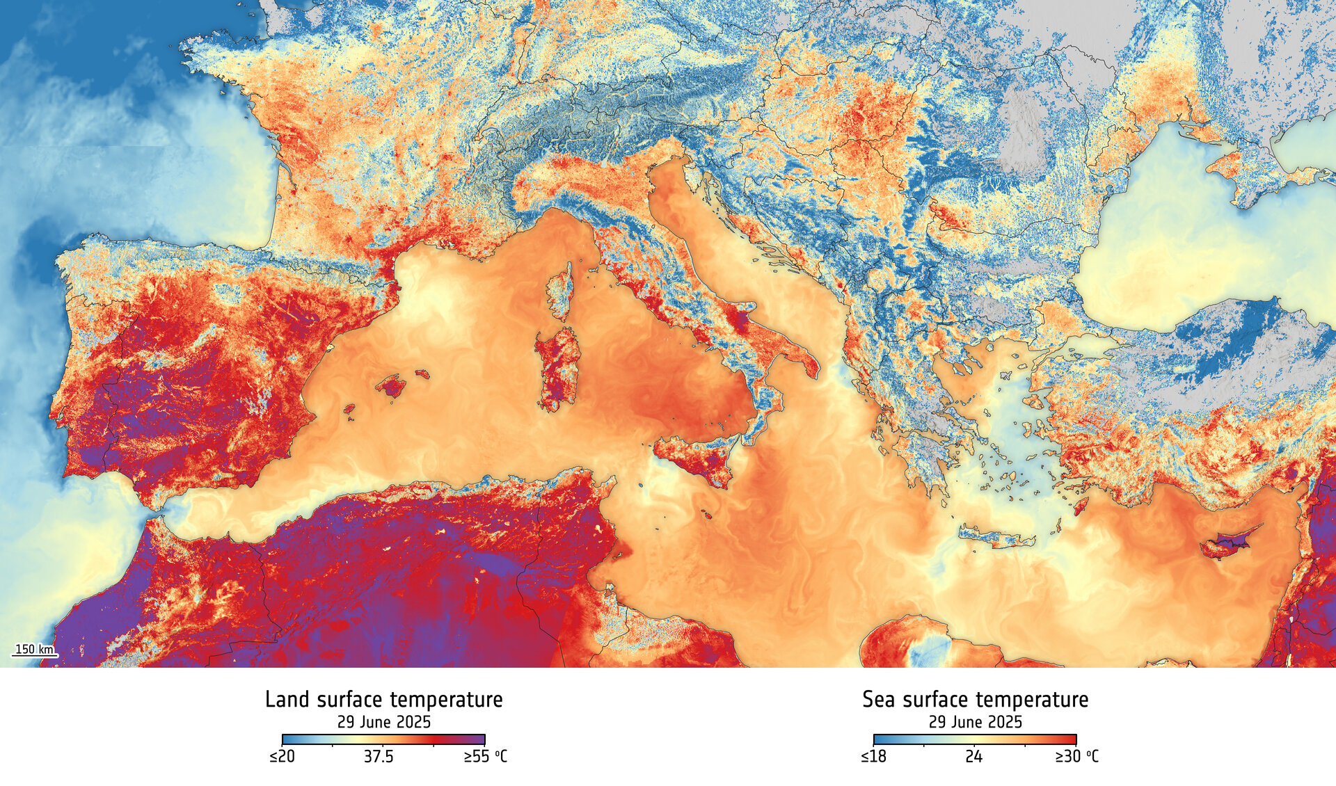 A powerful heatwave has been gripping large parts of southern Europe. This image, captured by the Copernicus Sentinel-3 mission’s Sea and Land Surface Temperature Radiometer on 29 June 2025, reveals the temperature of the land surface.