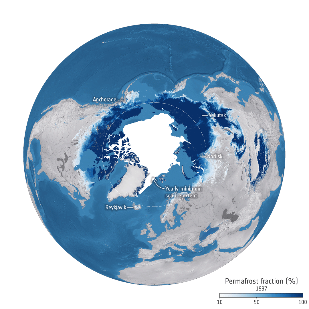 Extent of Arctic permafrost 1997 and 2021
