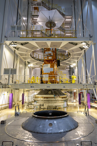 MetOp-SG-A1 satellite being lowered onto the Ariane 6 rocket's adaptor