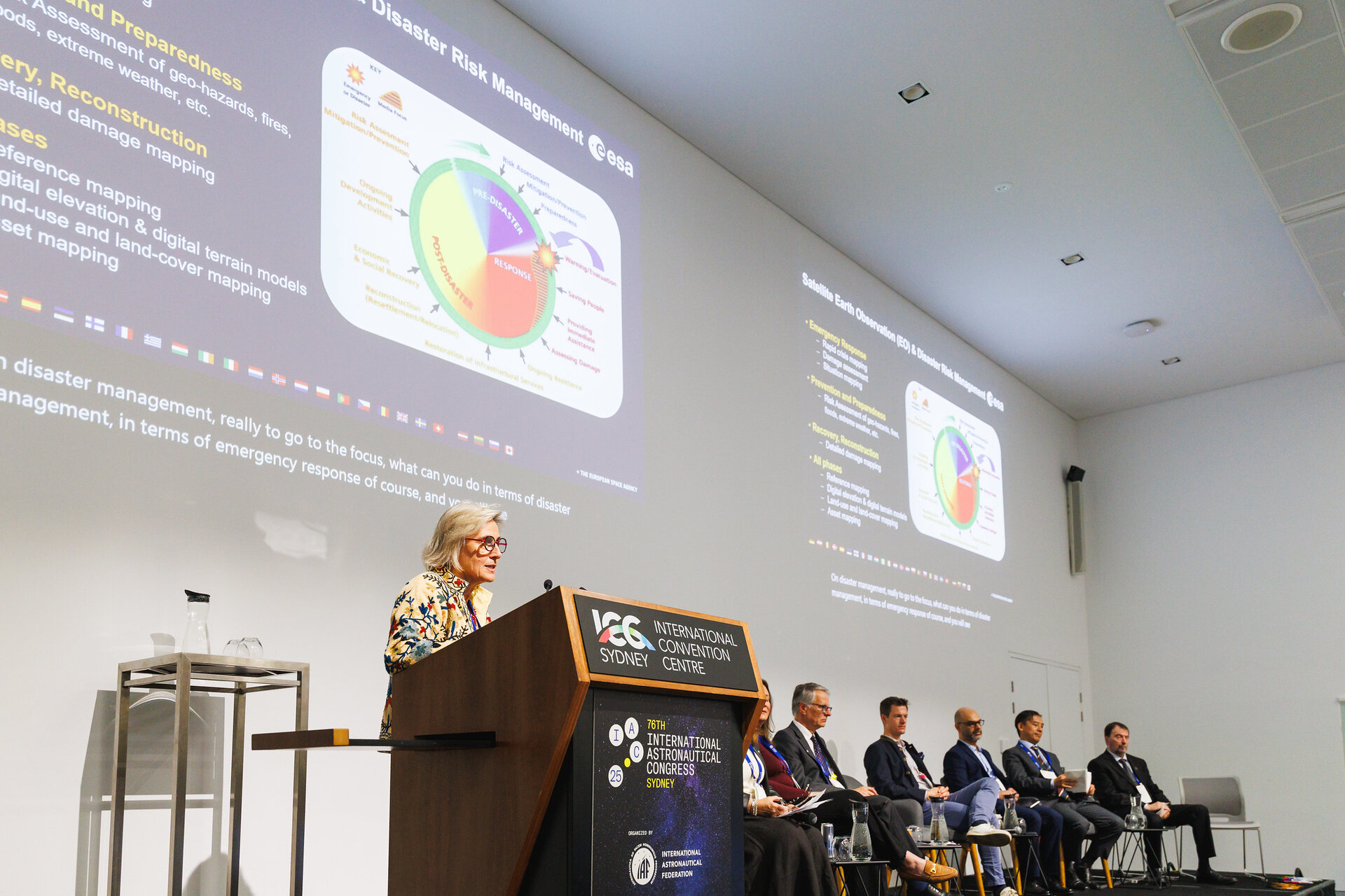ESA Director of Earth Observation Simonetta Cheli speaks at a special session on satellite early-warning systems at IAC 2025 in Sydney. 