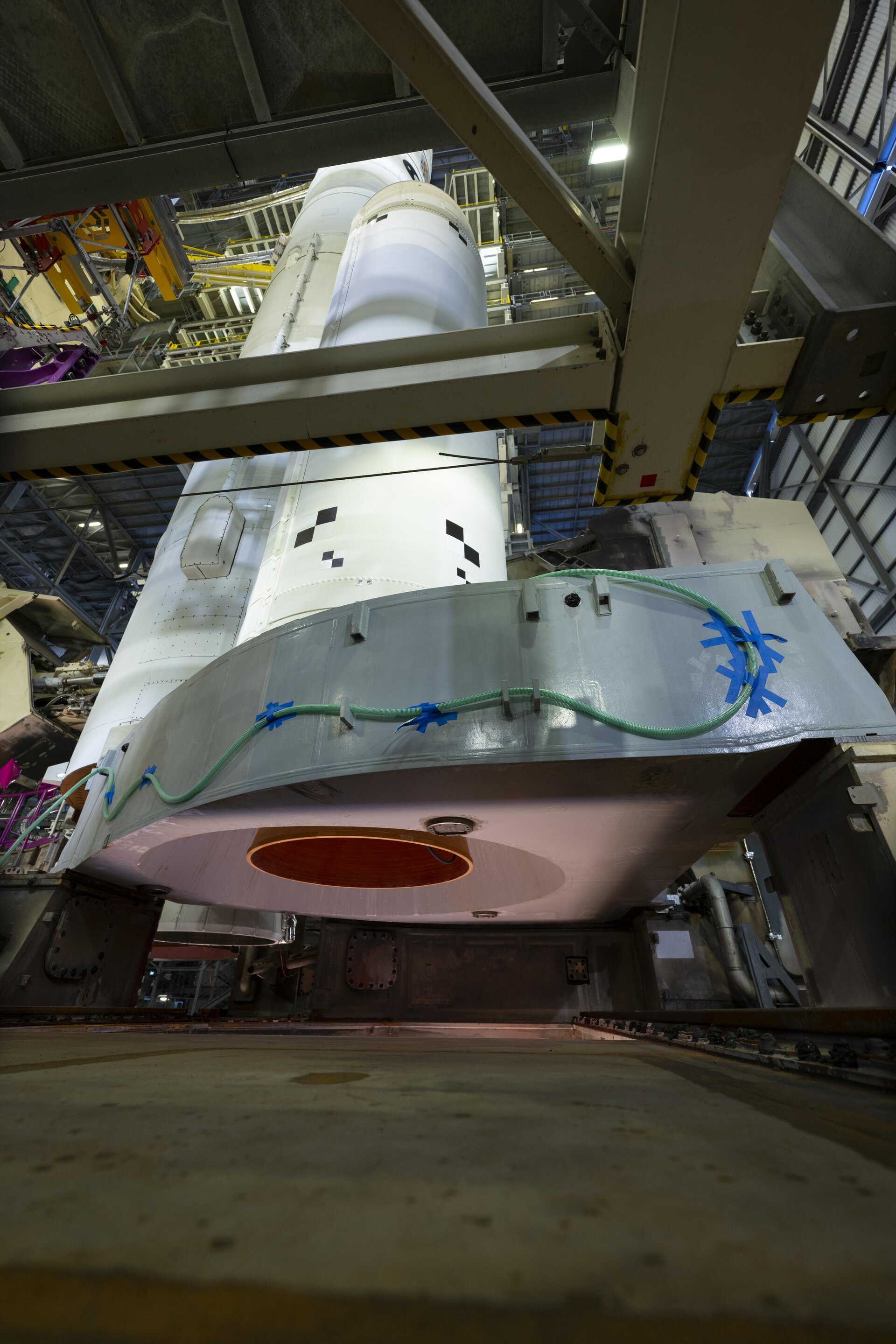 Ariane 6 booster from below on the launch pad