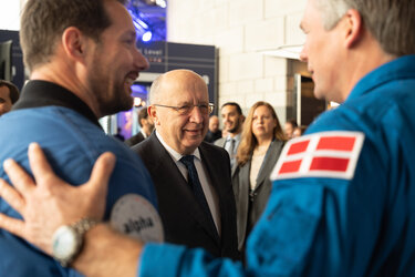 ESA astronauts Thomas Pesquet and Andreas Mogensen meet European Commissioner for Defence and Space Andrius Kubilius, at ESA's Ministerial Council in Bremen, Germany. 