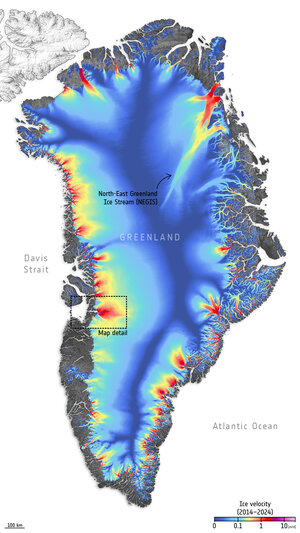 Ice velocity on Greenland ice sheet, 2014–2024