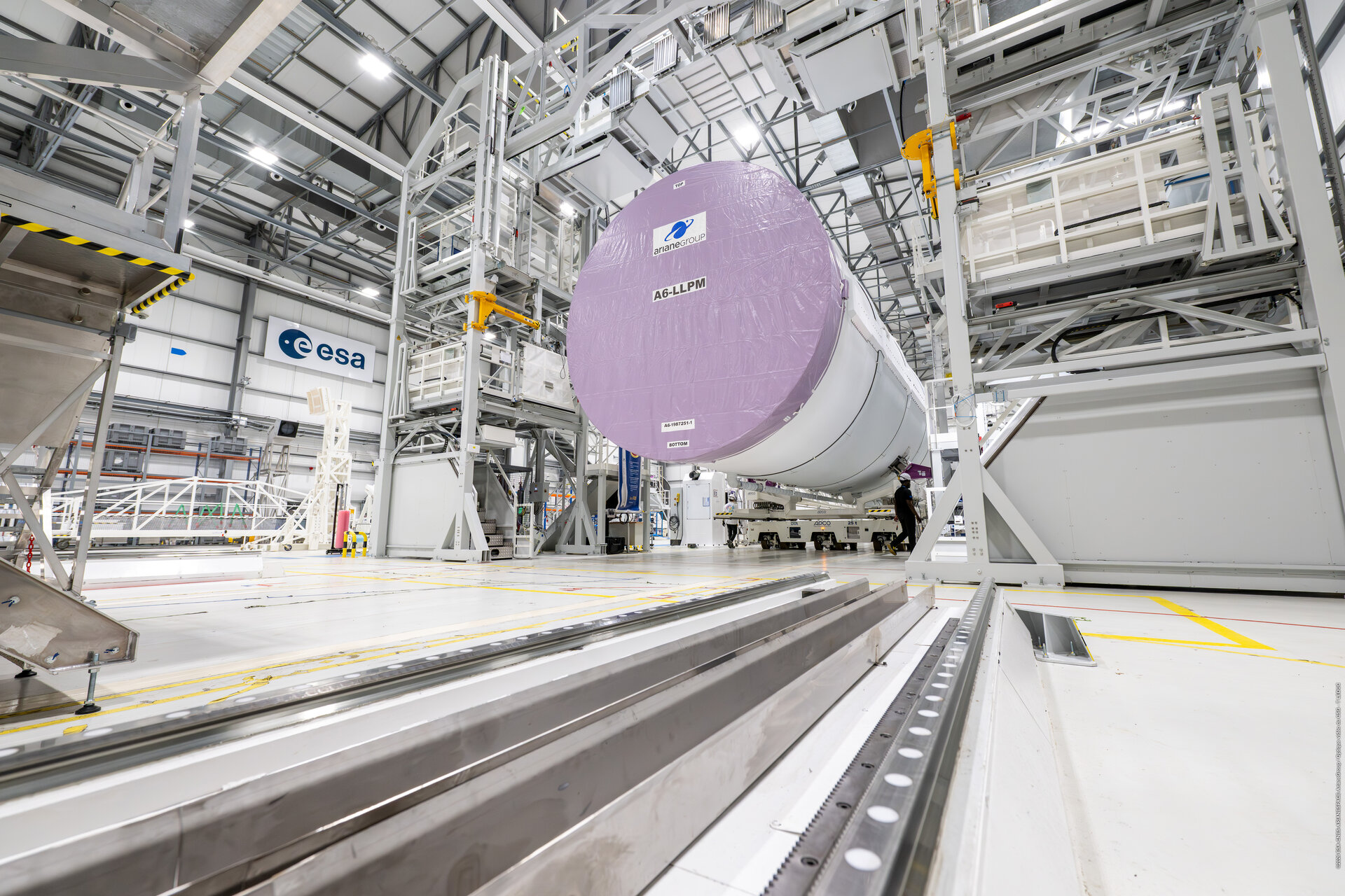Ariane 6 flight VA267 main stage in the launcher assembly building