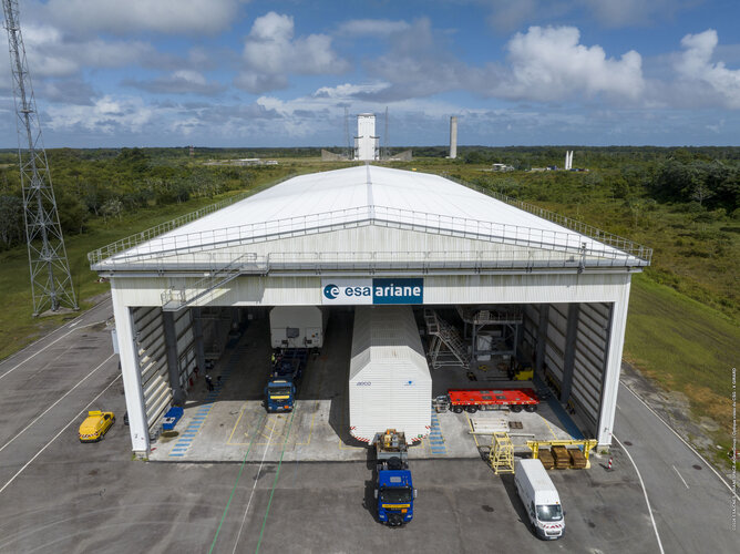 Ariane 6 flight VA267 stages arrive at the launcher assembly building
