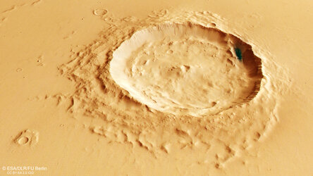 Bird’s-eye view of a martian crater near Eumenides Dorsum
